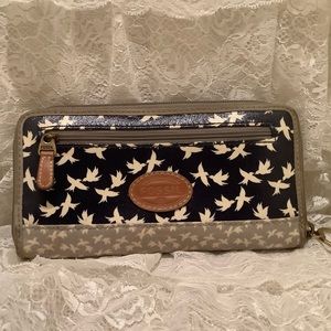 Fossil Coated Canvas Zip Around Blue & Grey Wallet